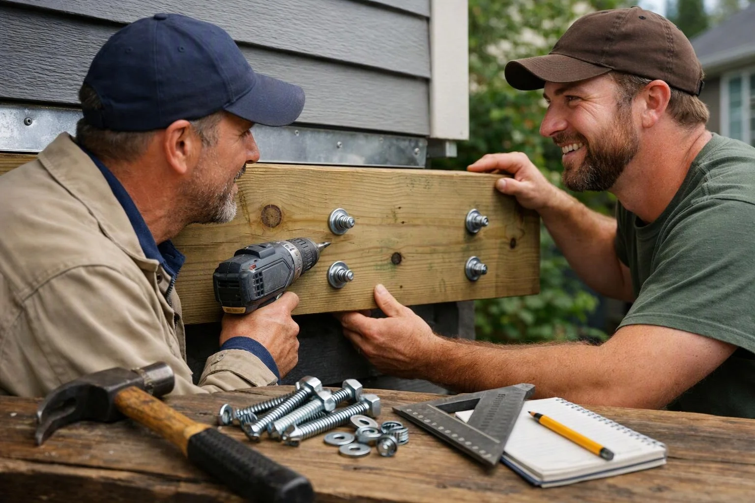 Two men work together to drill bolts into a wooden board against gray siding outdoors