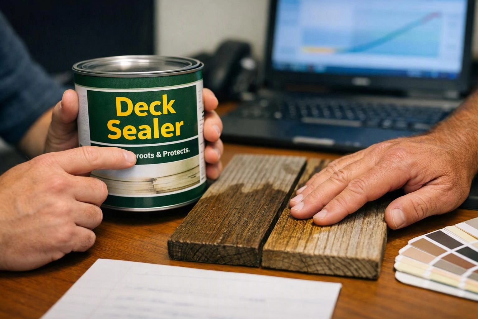 Hands point to a deck sealer can beside two weathered wood samples on a desk with a laptop behind