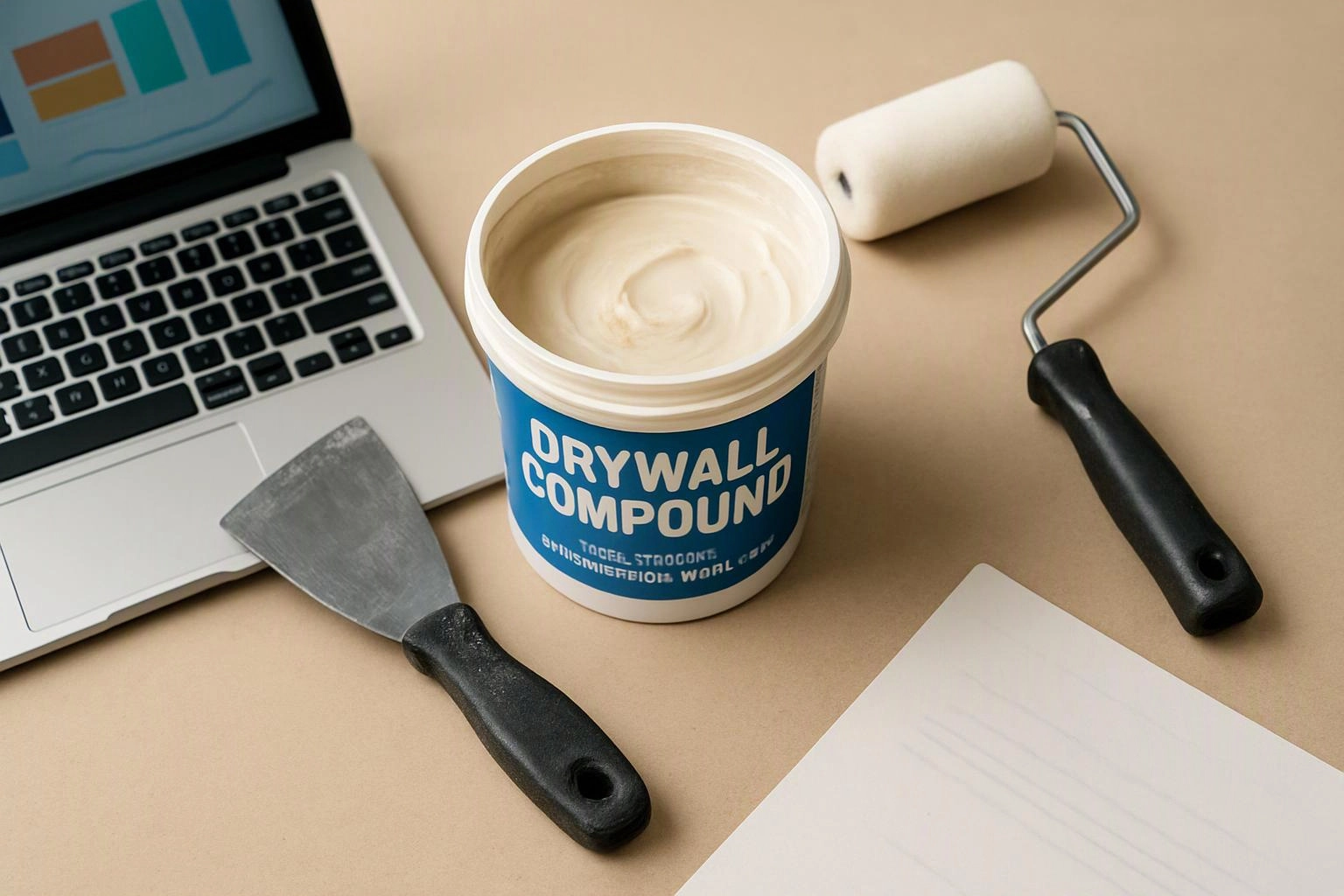 A drywall compound bucket sits beside a laptop, two putty knives, a paint roller, and a blank sheet on a beige surface