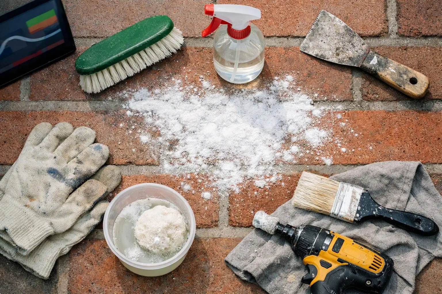 Cleaning tools and supplies lie on a brick surface around a pile of white powder
