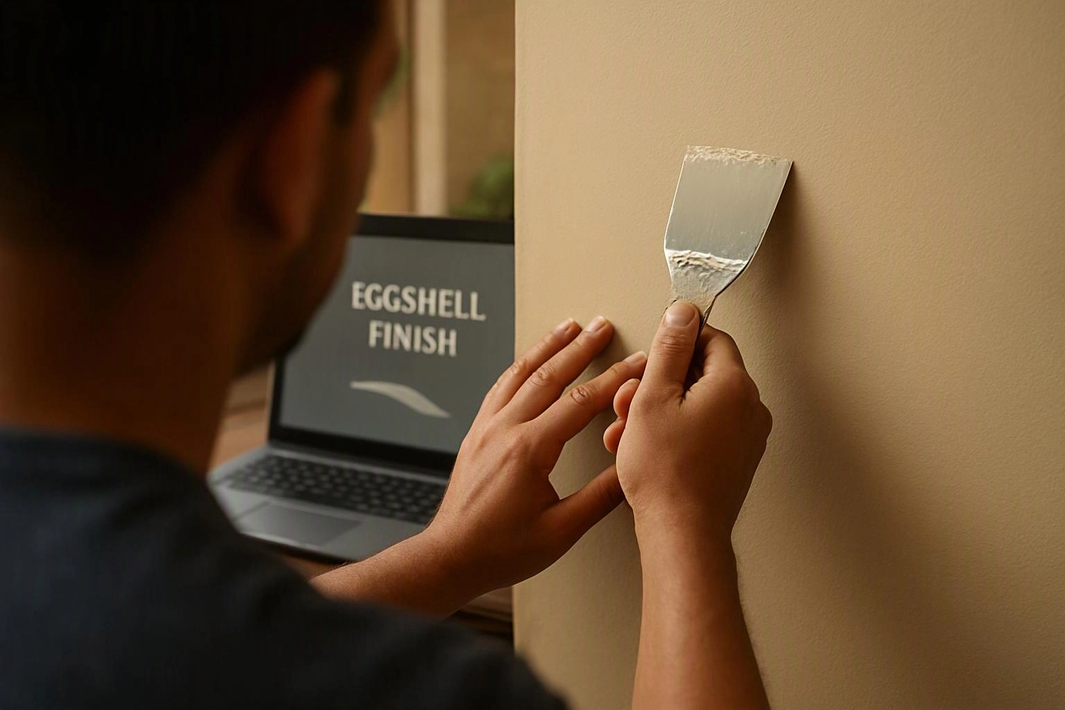 A person spreads paint on a wall while a laptop shows “EGGSHELL FINISH”