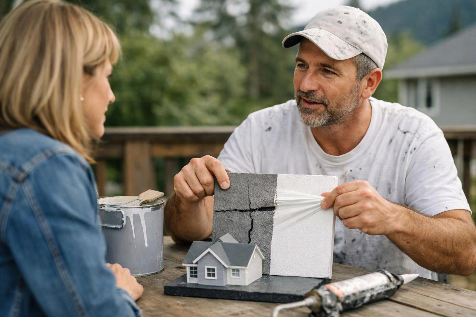 A man shows a cracked house model and paint sample to a woman at an outdoor table