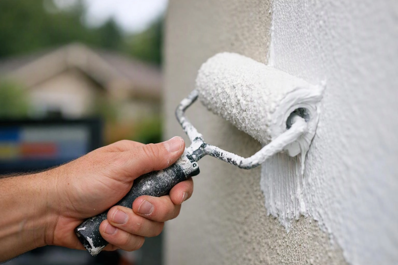 A hand rolls white paint onto an exterior wall with a paint roller