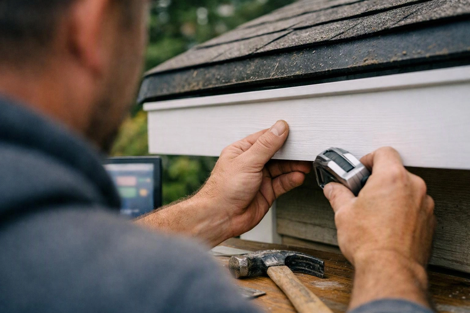 A man measures white trim on a small roof while holding a tape measure beside a hammer on wood boards
