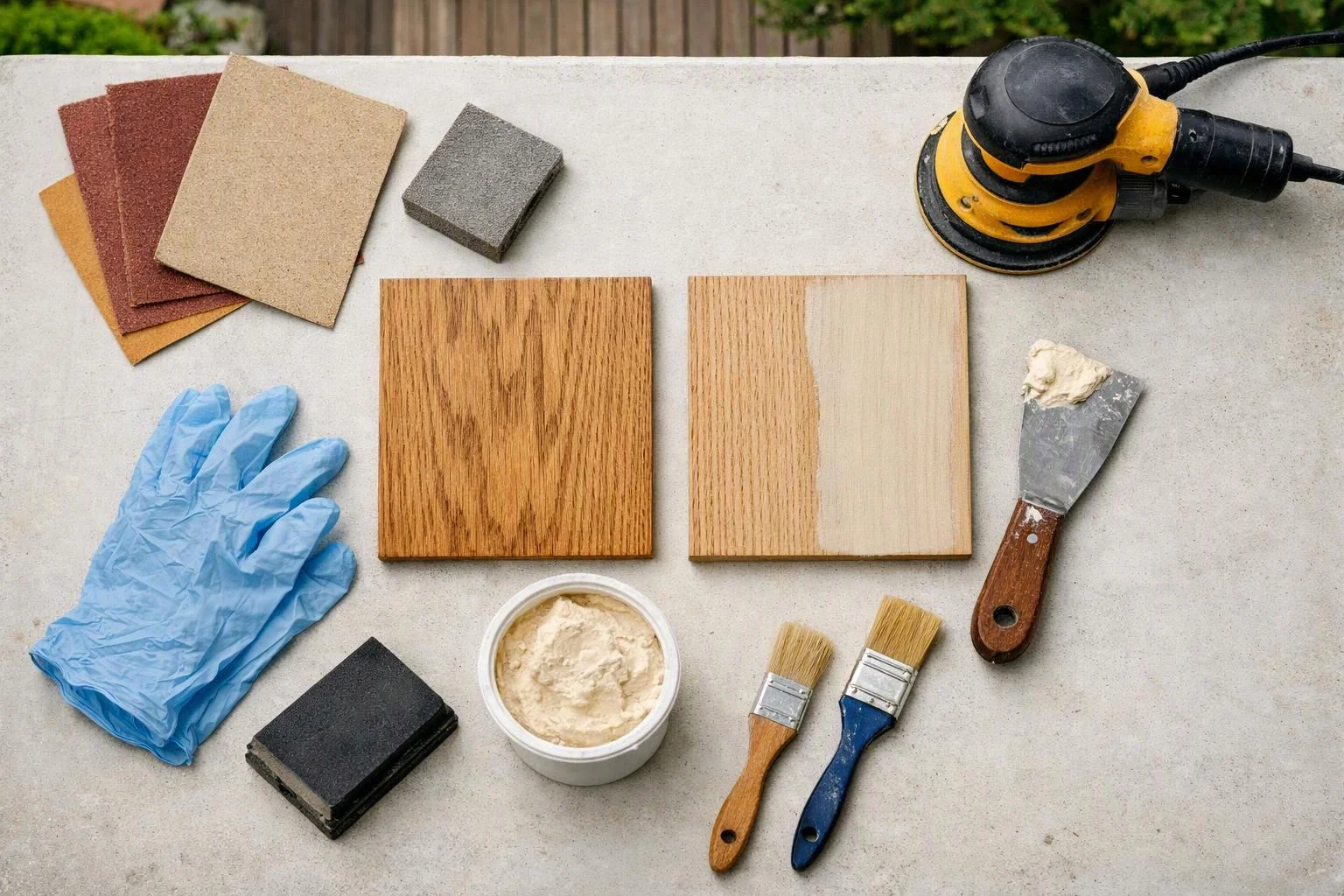 Wood boards, sanding tools, gloves, and paint supplies are arranged on a work surface for finishing a project