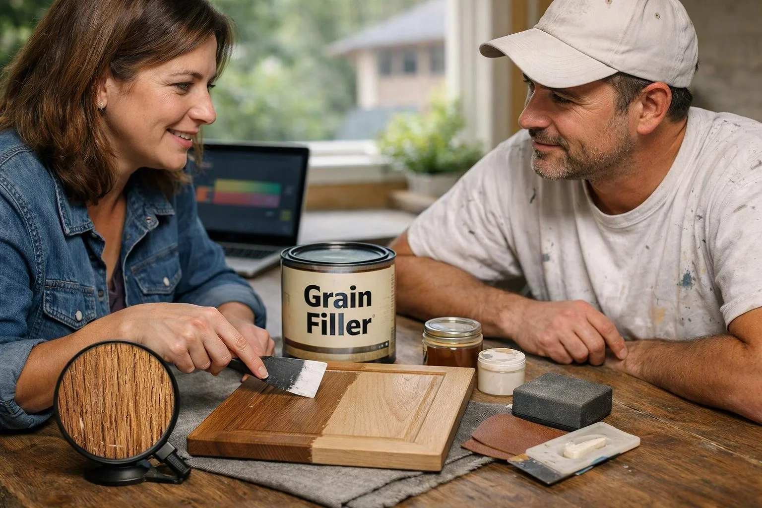A woman applies grain filler to a wooden board while a man watches at a worktable indoors