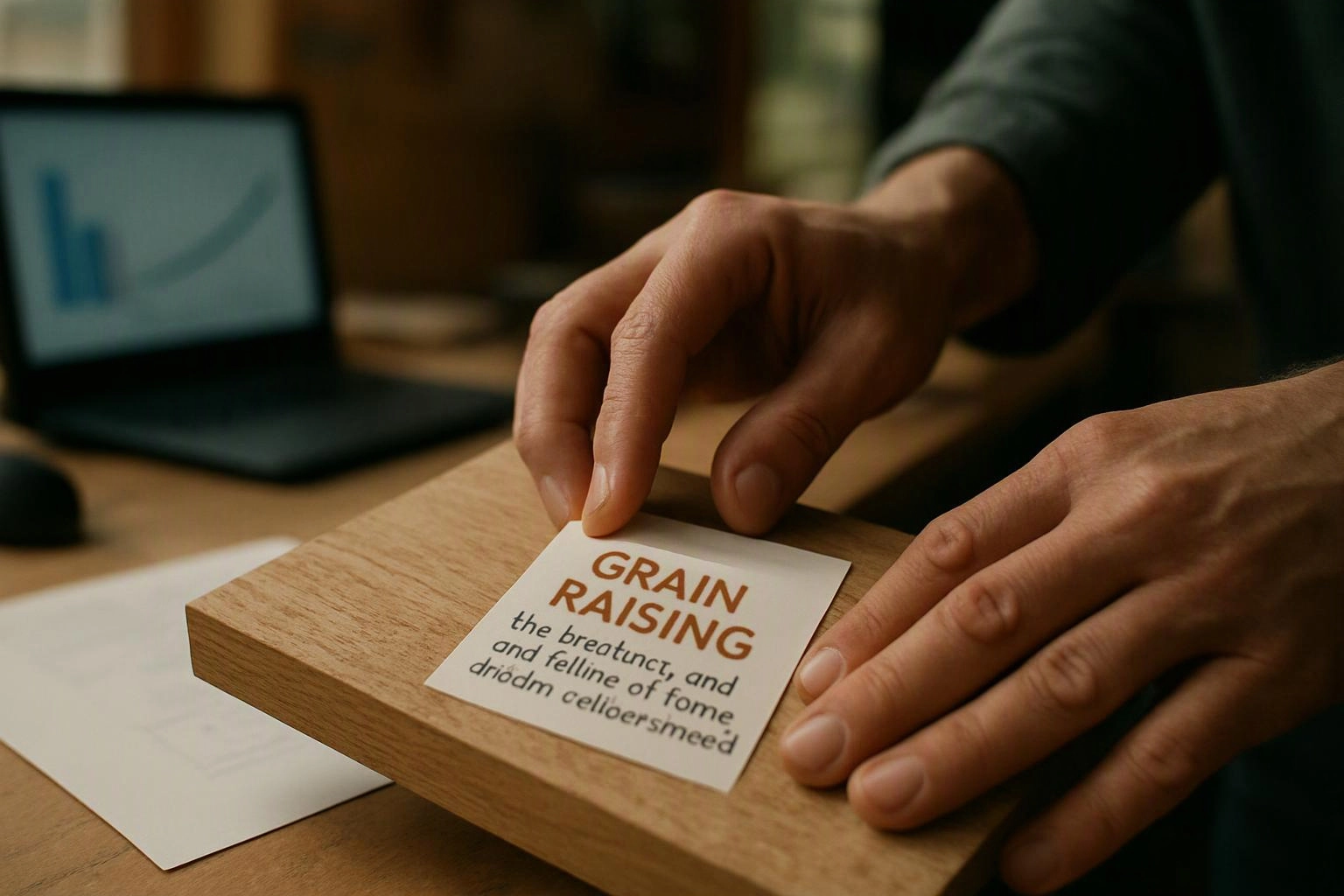 Hands place a card labeled “GRAIN RAISING” on a wooden board beside a laptop with a chart