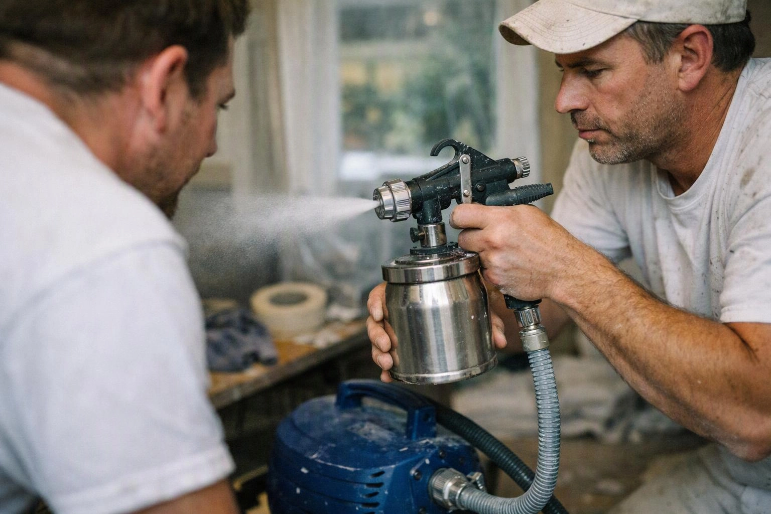Two men in white shirts use a spray gun, coating a metal container in a workshop