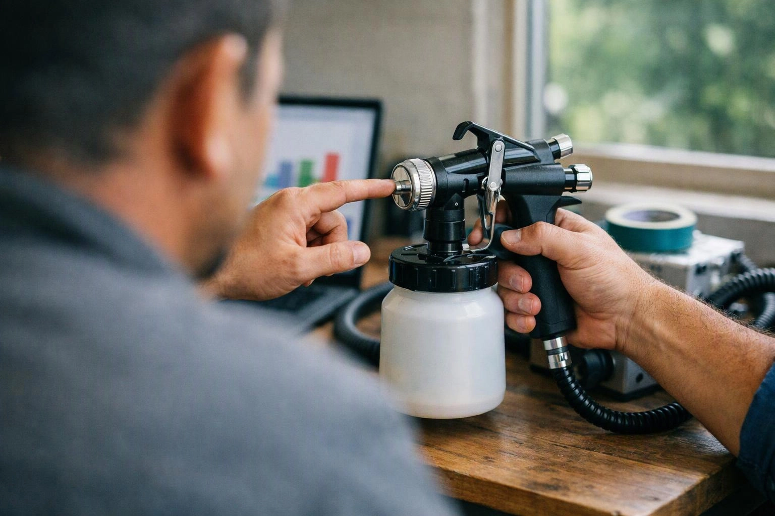 A person points at a spray gun while another hand holds it over a wooden desk near a window