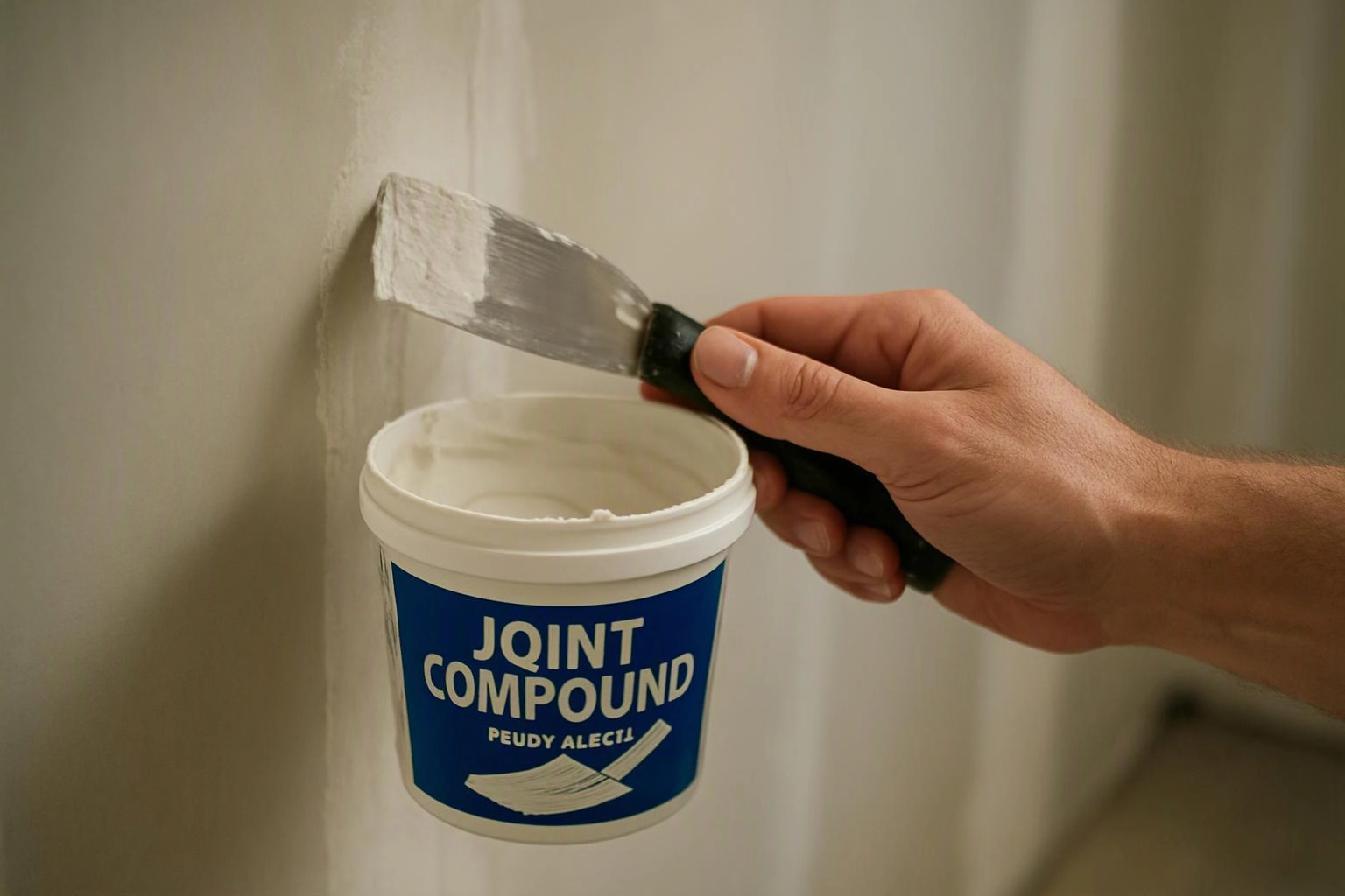 A hand spreads joint compound on a wall with a putty knife beside a bucket of filler