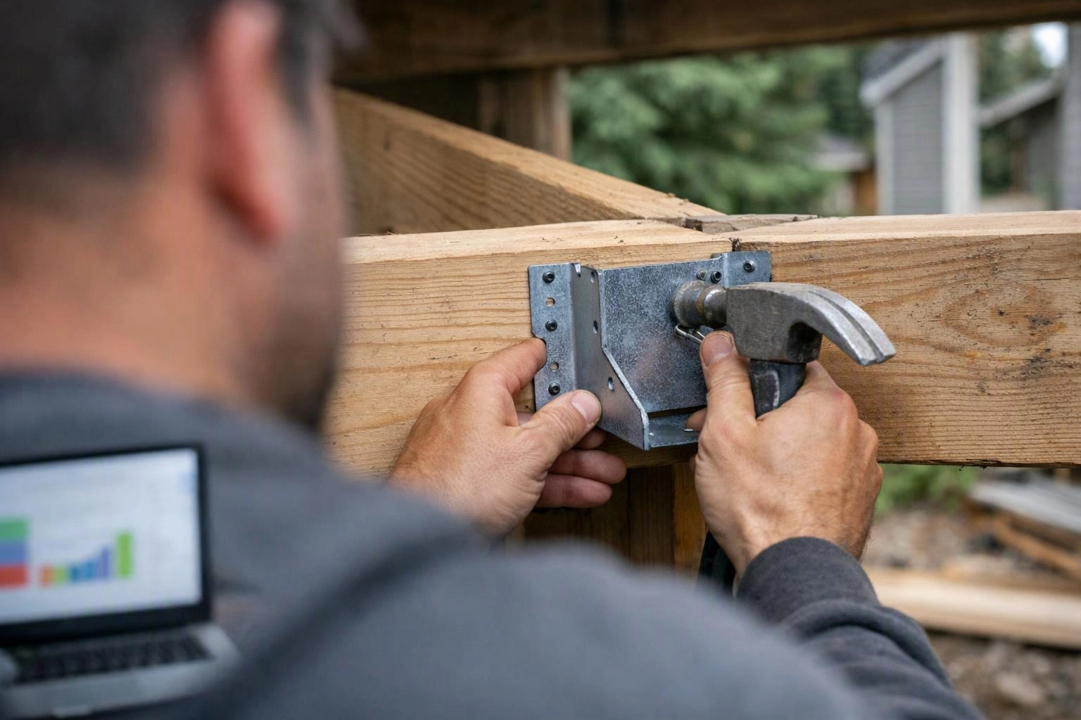 A man hammers a metal bracket onto a wooden beam outdoors with a laptop blurred in the foreground