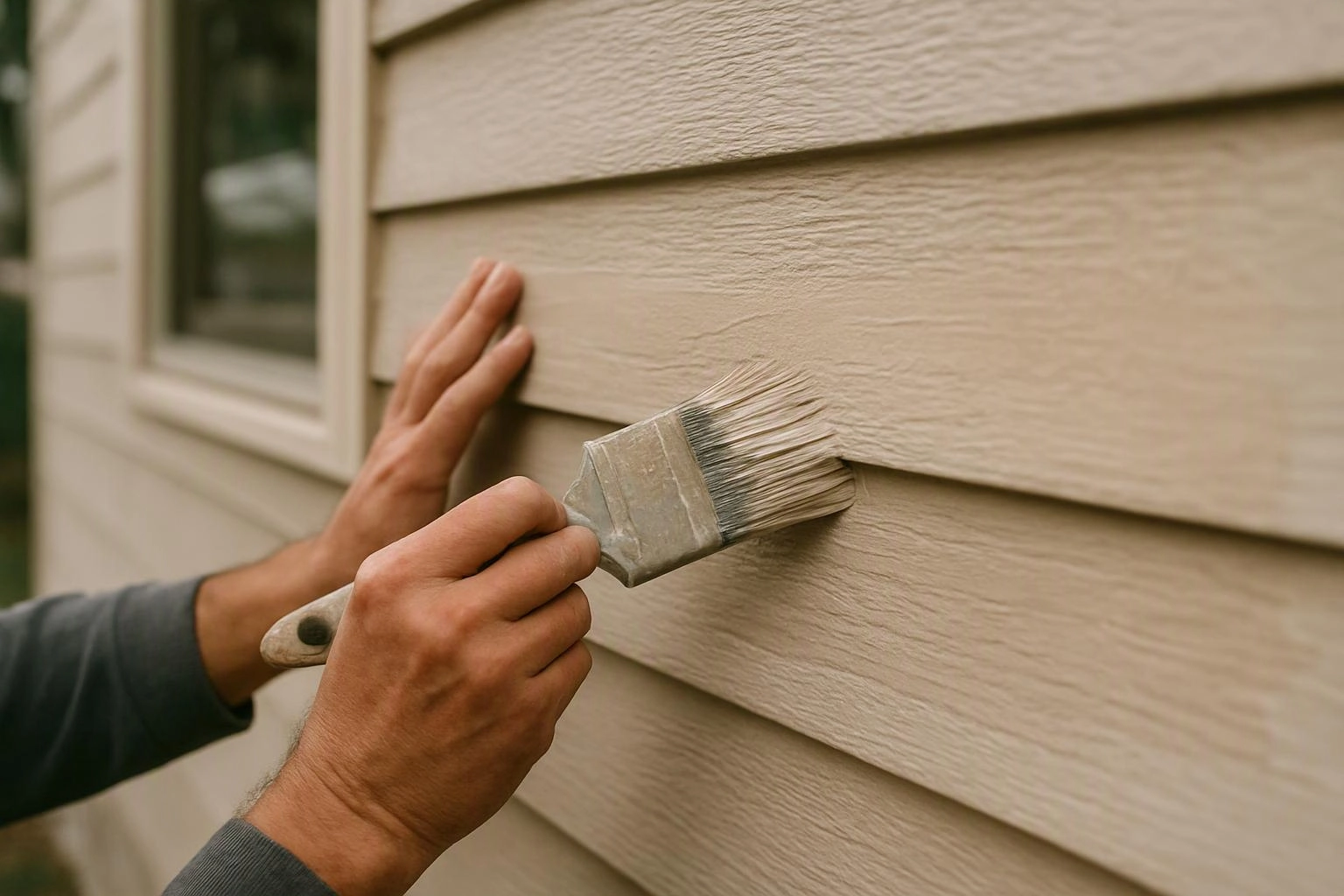 Hands paint beige exterior siding with a wide brush near a window