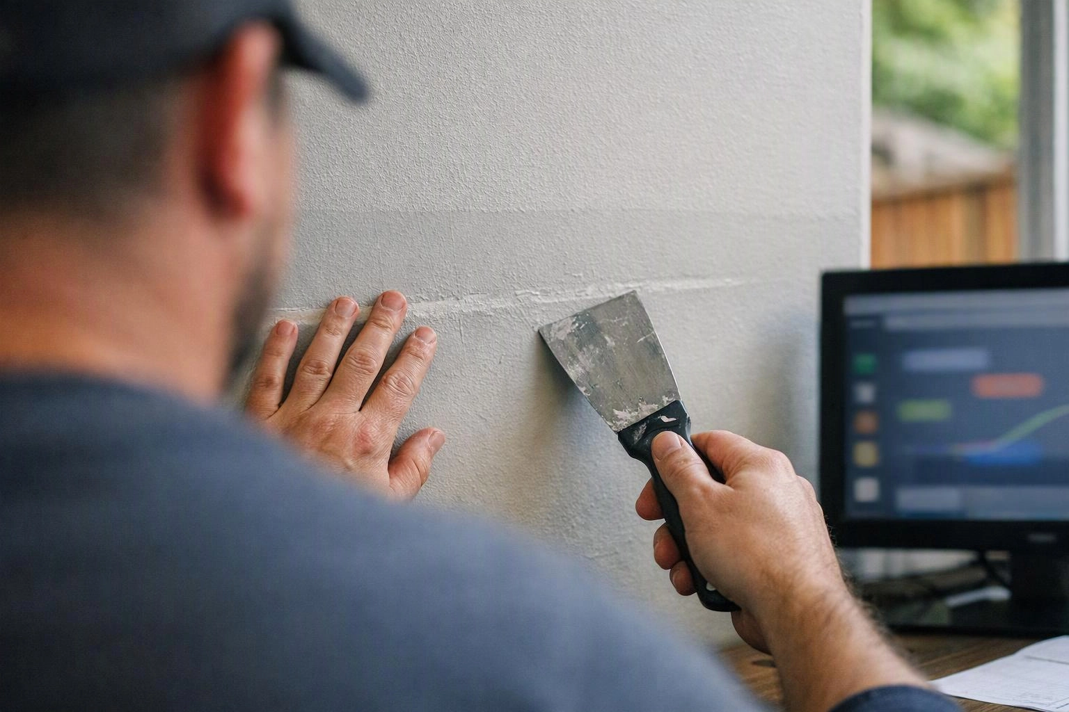 A worker smooths a wall with a putty knife beside a computer monitor in a room