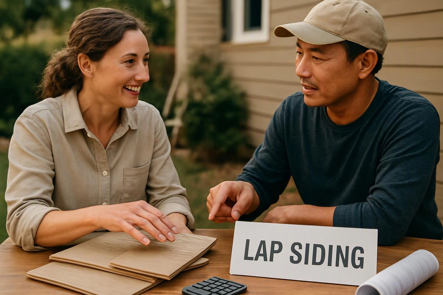 Two people sit at a table outdoors, discussing wood siding samples beside a sign that reads “LAP SIDING”