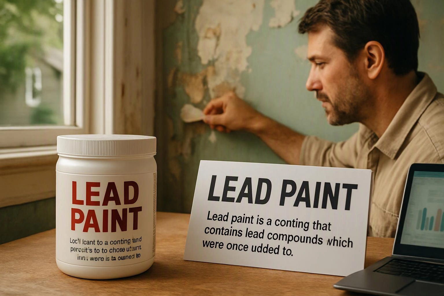 A man scrapes peeling wall paint beside a lead paint jar, a warning card, and a laptop on a table