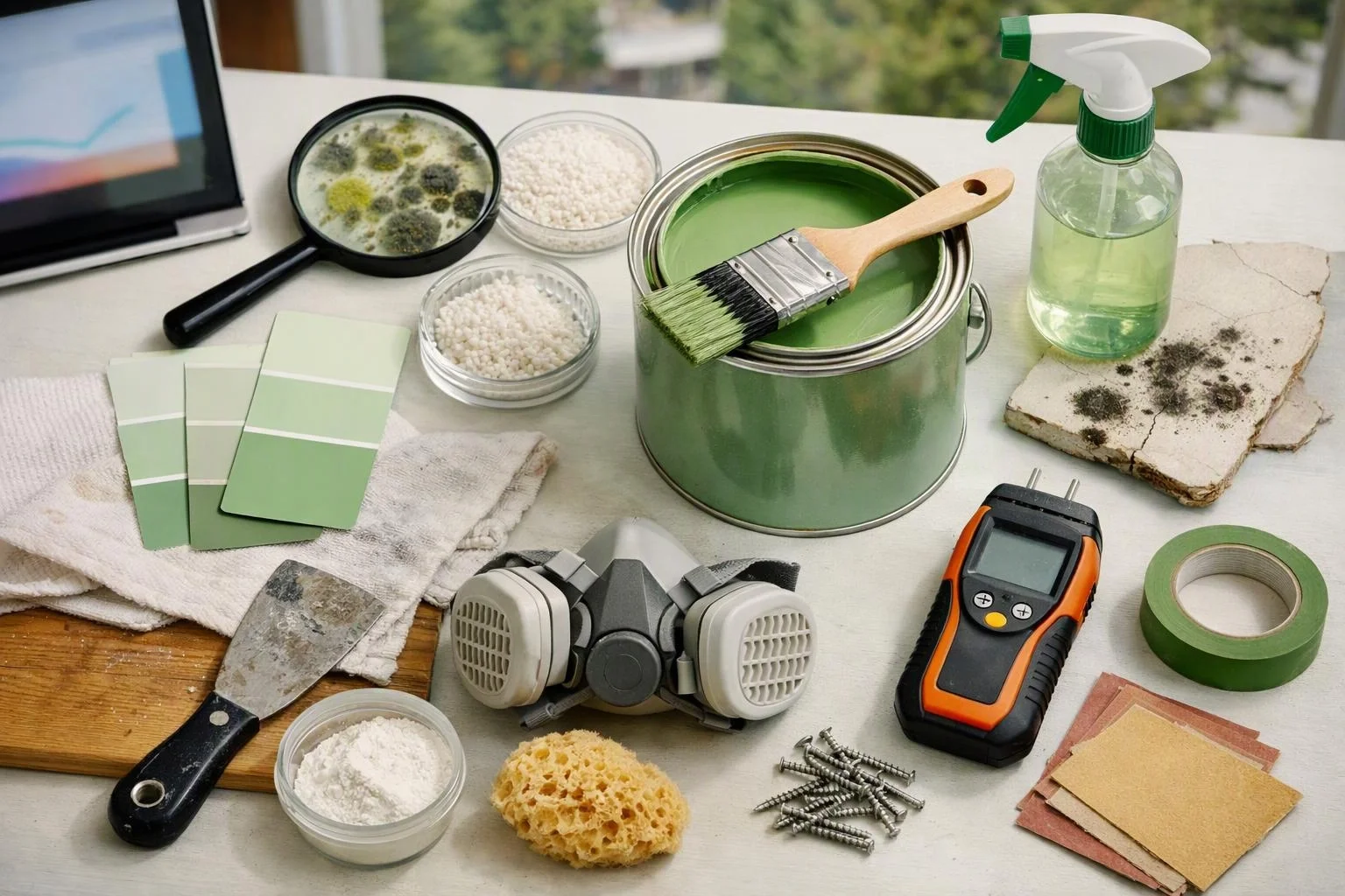 Paint and mold cleanup tools are arranged on a table beside a green paint can, mask, and spray bottle