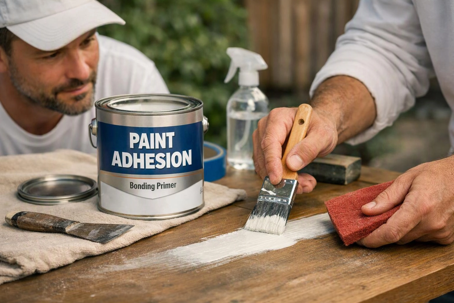 Two men work on a wooden table, painting a white strip beside a can labeled paint adhesion