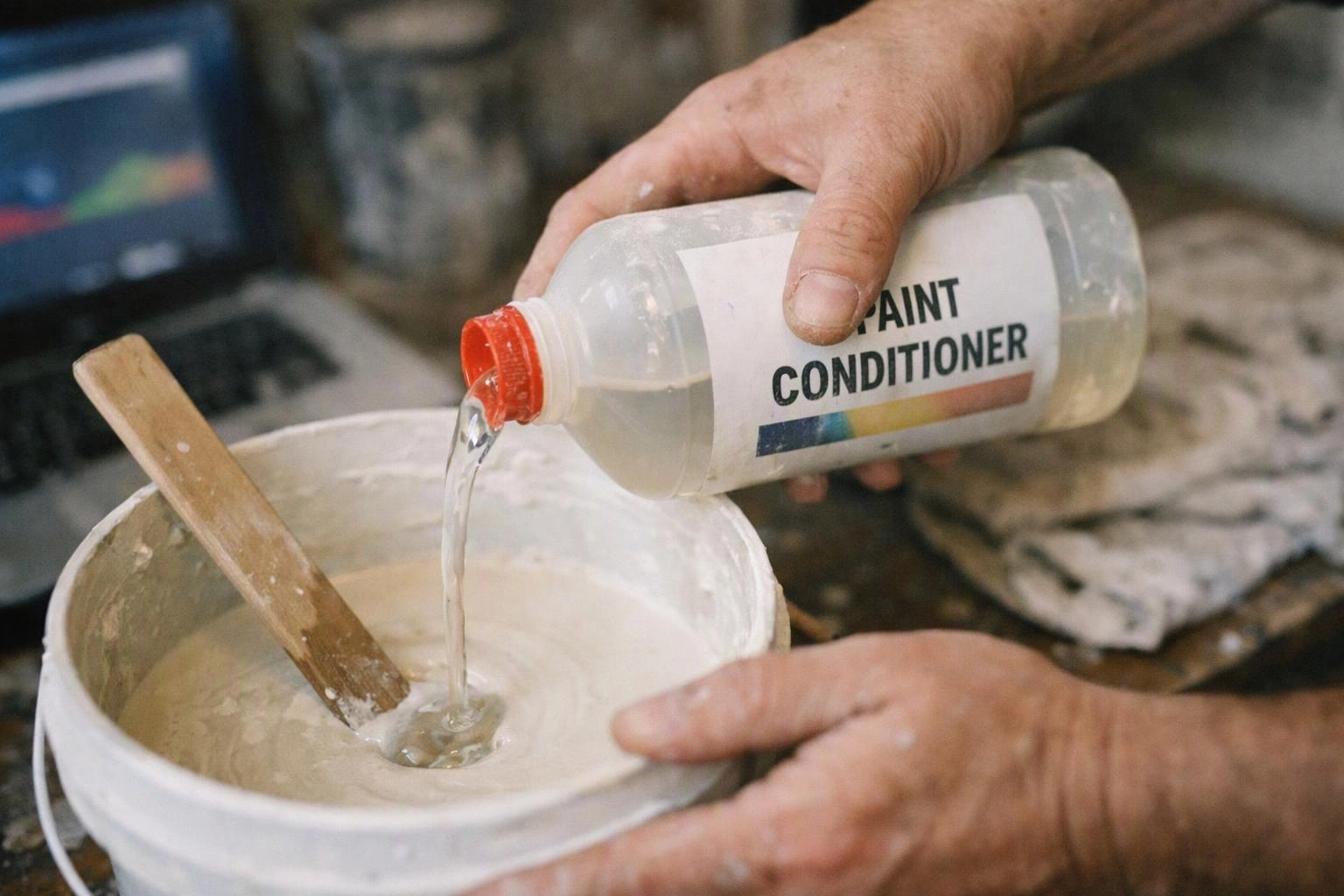 Hands pour clear liquid from a paint conditioner bottle into a white bucket with a wooden stir stick
