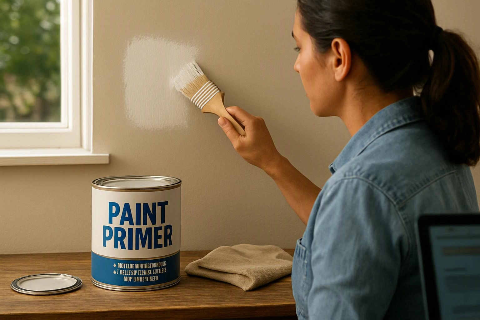 A woman paints a wall with primer beside a window, with a primer can on the table