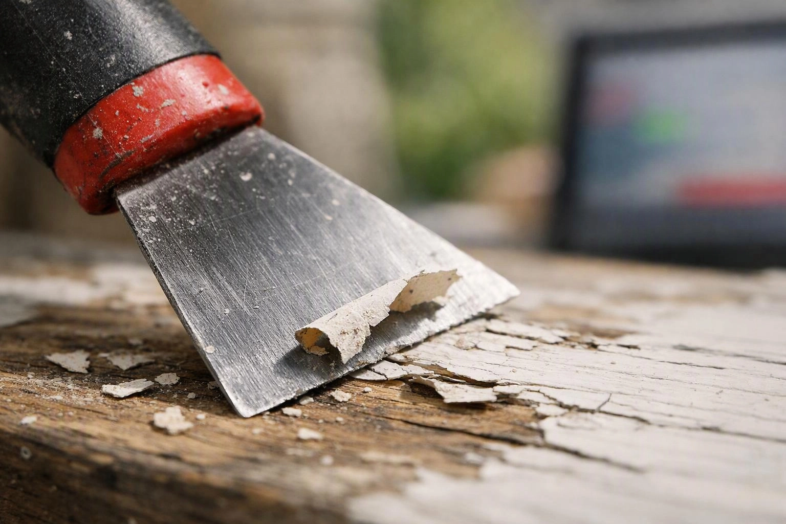 A paint scraper lifts peeling white paint from a weathered wooden surface outdoors