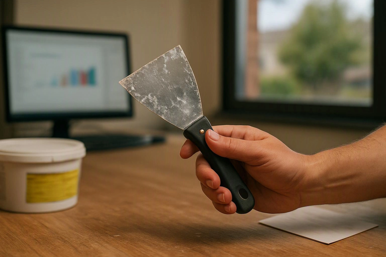 A hand holds a worn putty knife over a desk with a container, computer monitor, and window in the background