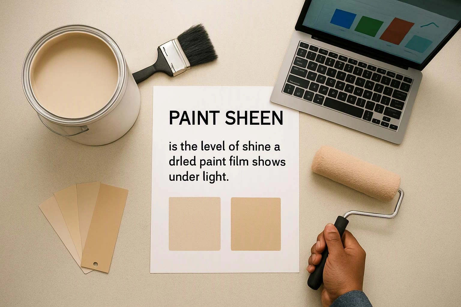 A hand holds a paint roller beside a brush, color swatches, a paint can, and a laptop on a table