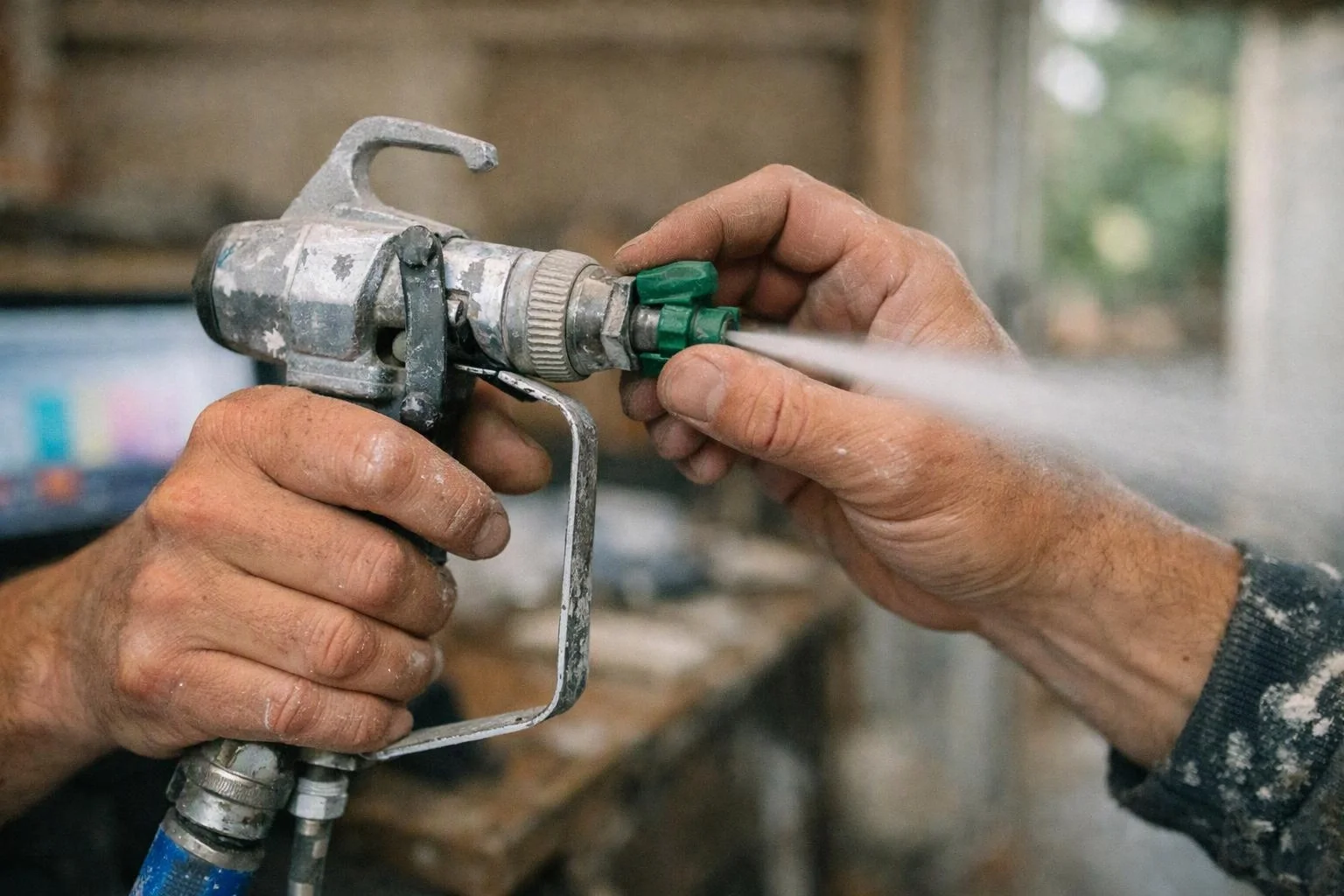 Hands hold a paint spray gun spraying a white mist in a workshop