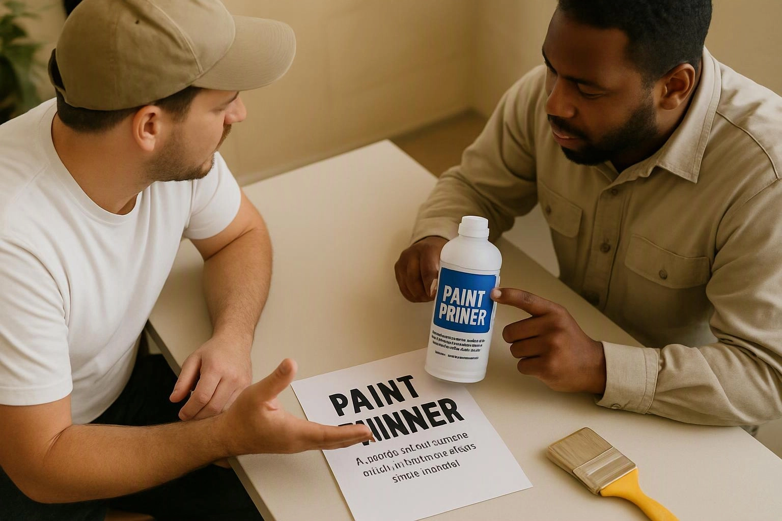 Two men sit at a table, examining a paint primer bottle, a printed sheet, and a brush indoors