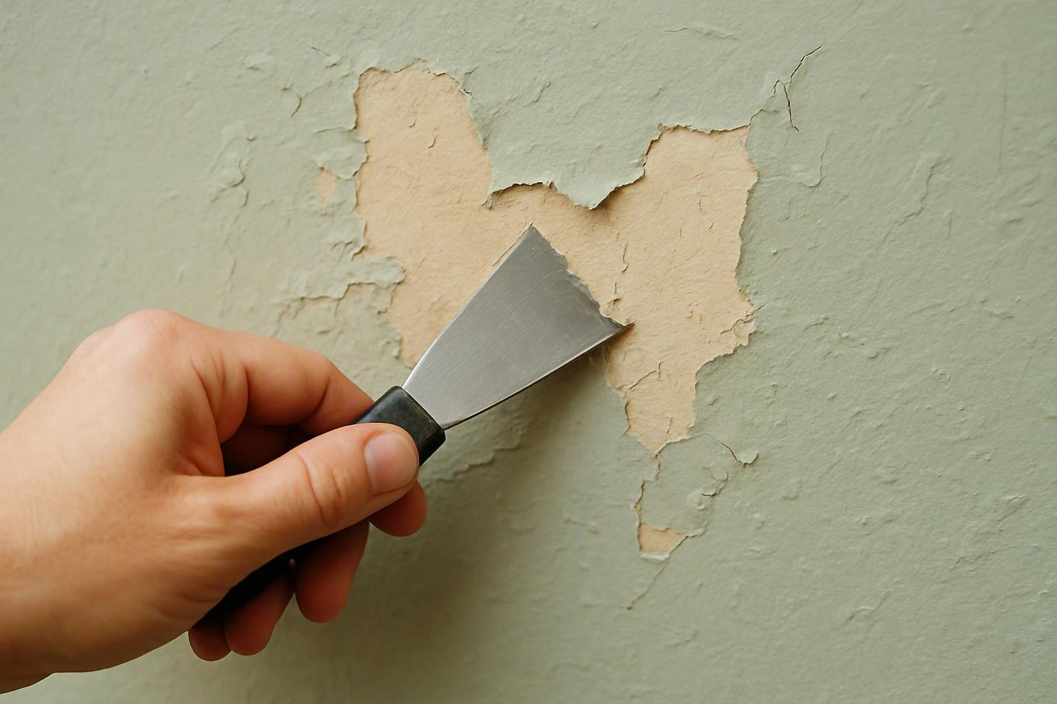 A hand scrapes peeling paint from a green wall with a metal putty knife