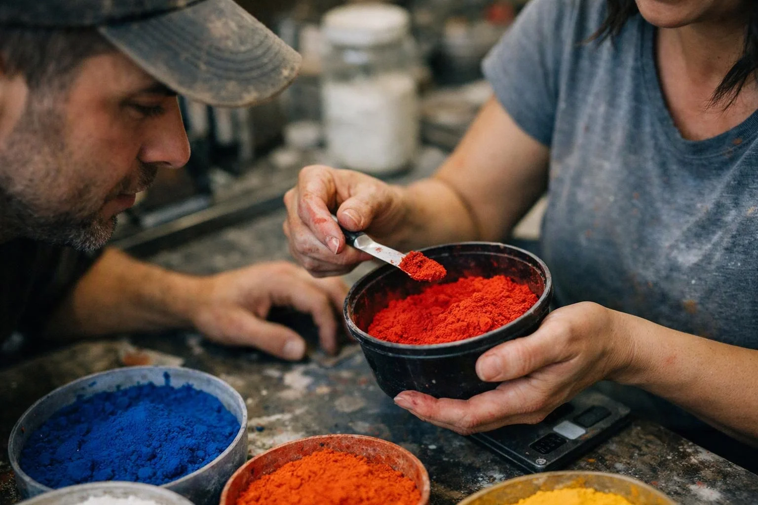 Two people inspect bright powdered pigment bowls at a paint-splattered worktable in a studio