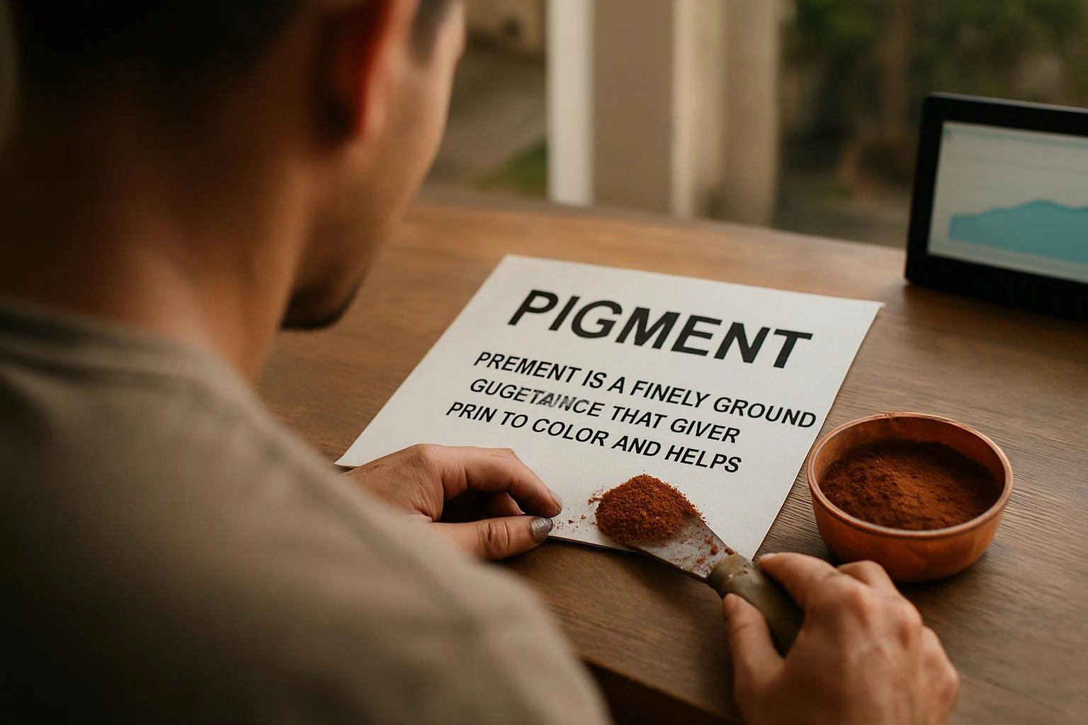 A person spreads reddish powder on a paper labeled "PIGMENT" at a wooden desk