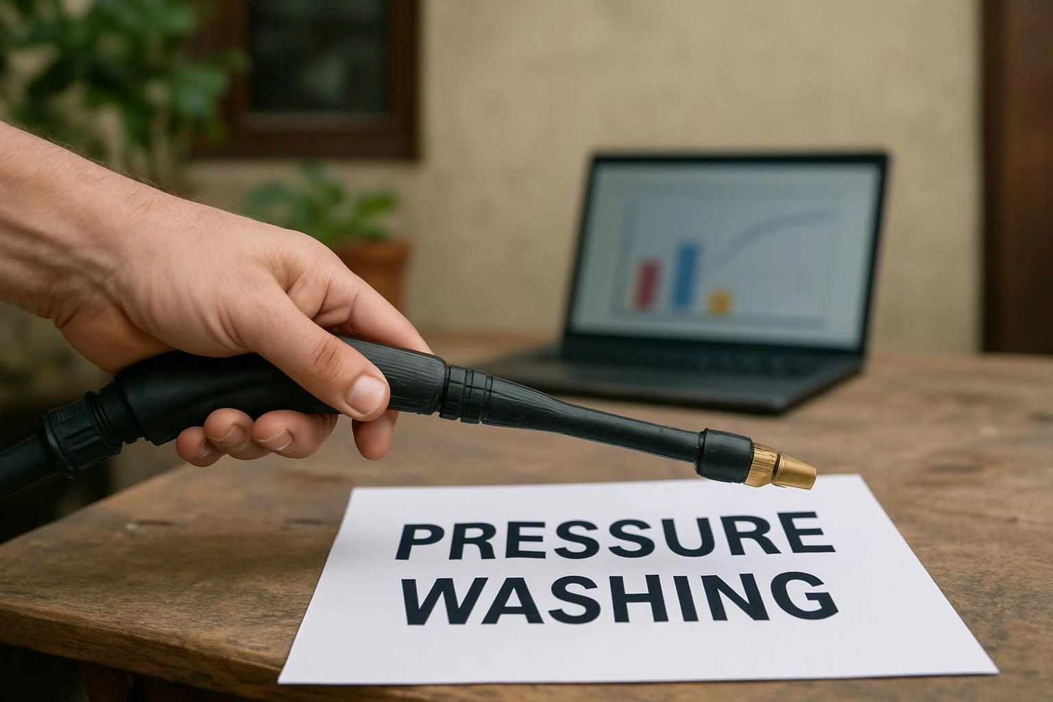 A hand holds a pressure washer nozzle over a paper sign that reads "PRESSURE WASHING" with a laptop blurred behind it