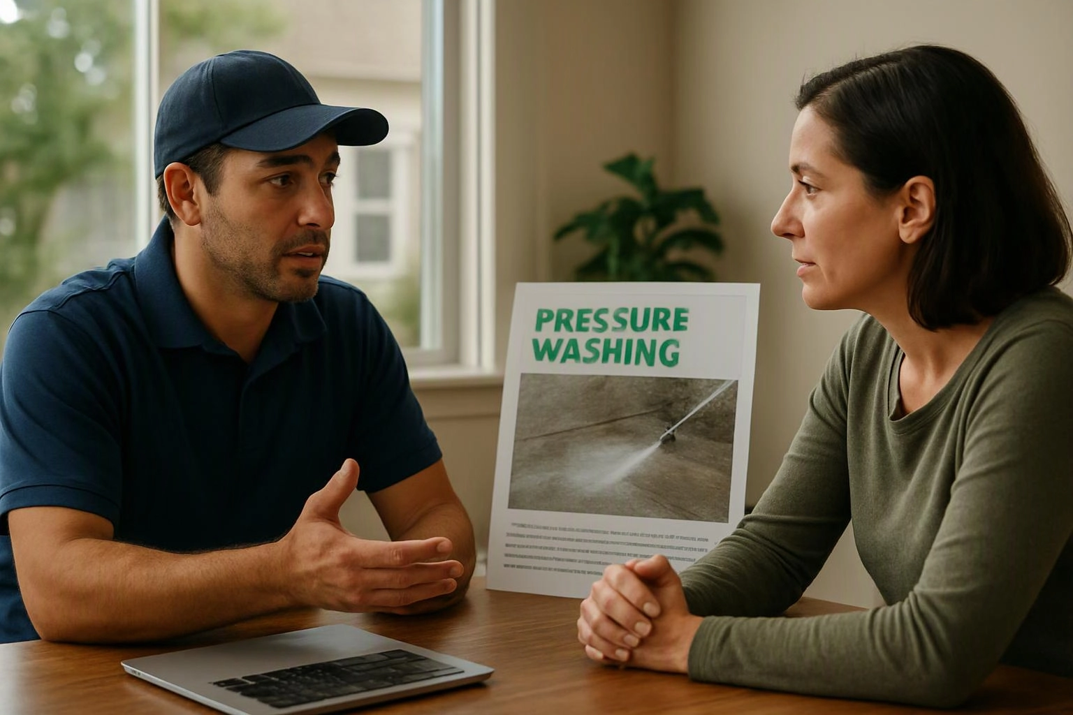 A man and woman talk across a table beside a sign reading pressure washing