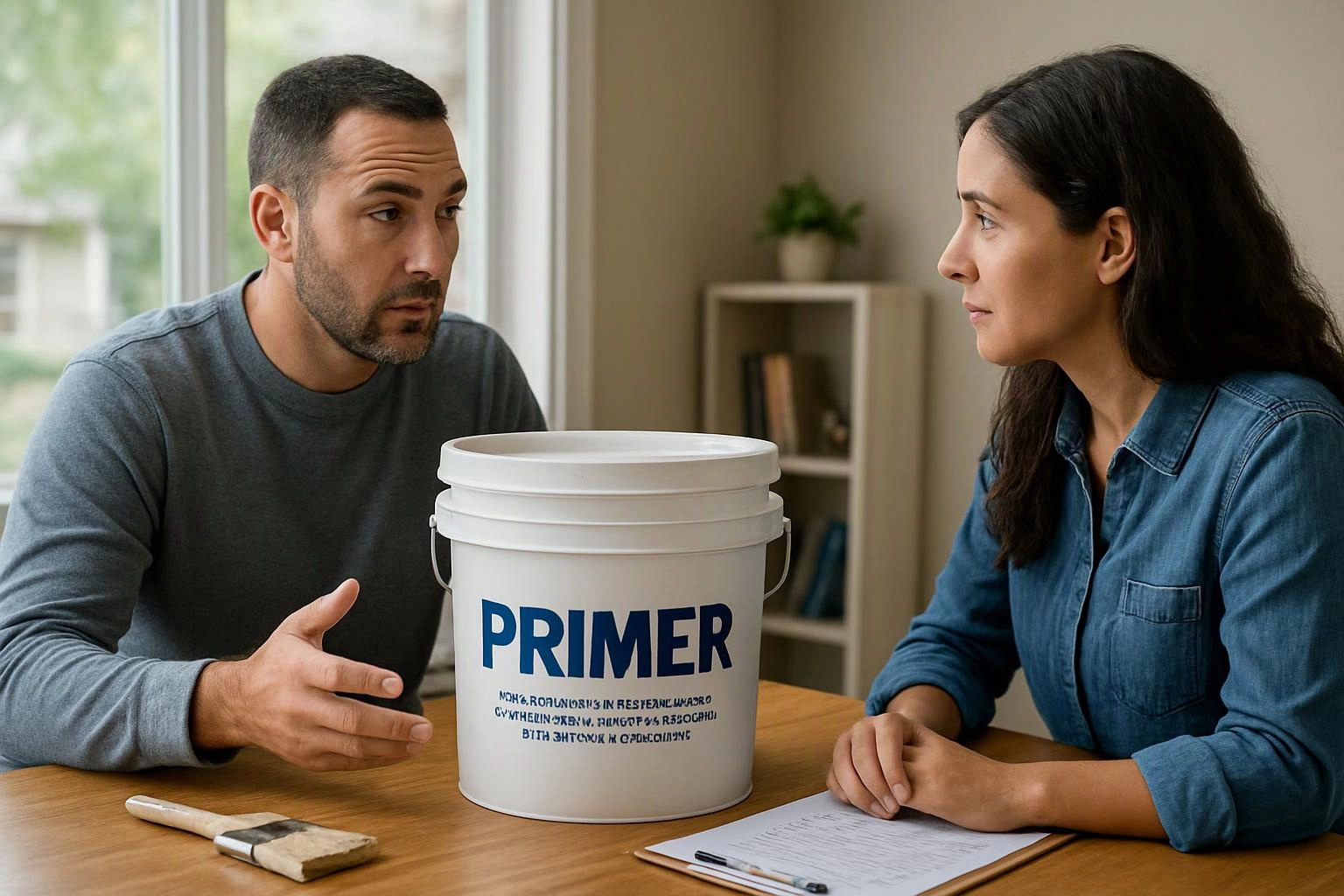 A man and woman sit at a table beside a white bucket labeled “PRIMER” in a bright room