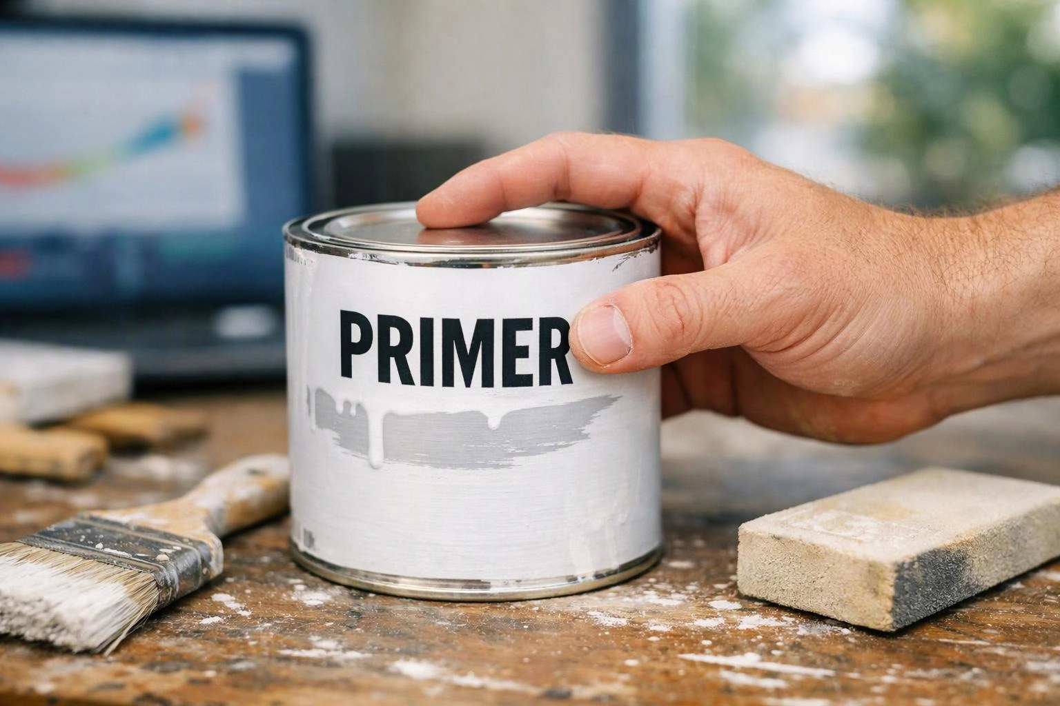 A hand holds a paint primer can on a dusty workbench with brushes and sandpaper nearby