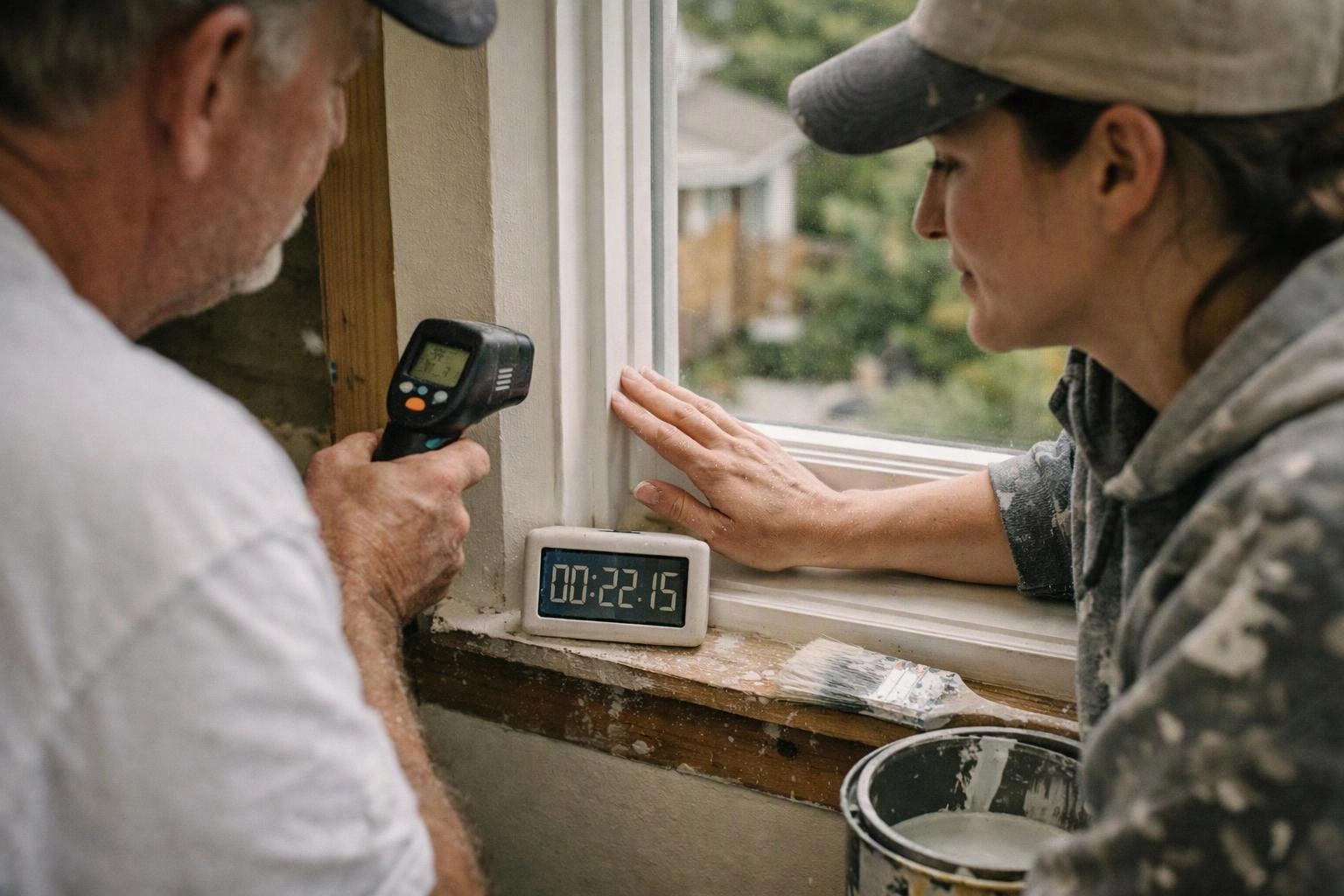Two workers inspect a window frame with a handheld meter, a timer, and paint supplies on the sill
