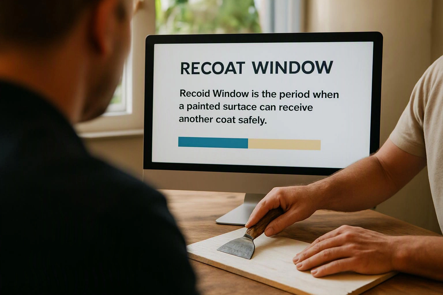 A person demonstrates a putty knife on a board while a monitor shows repaint timing text