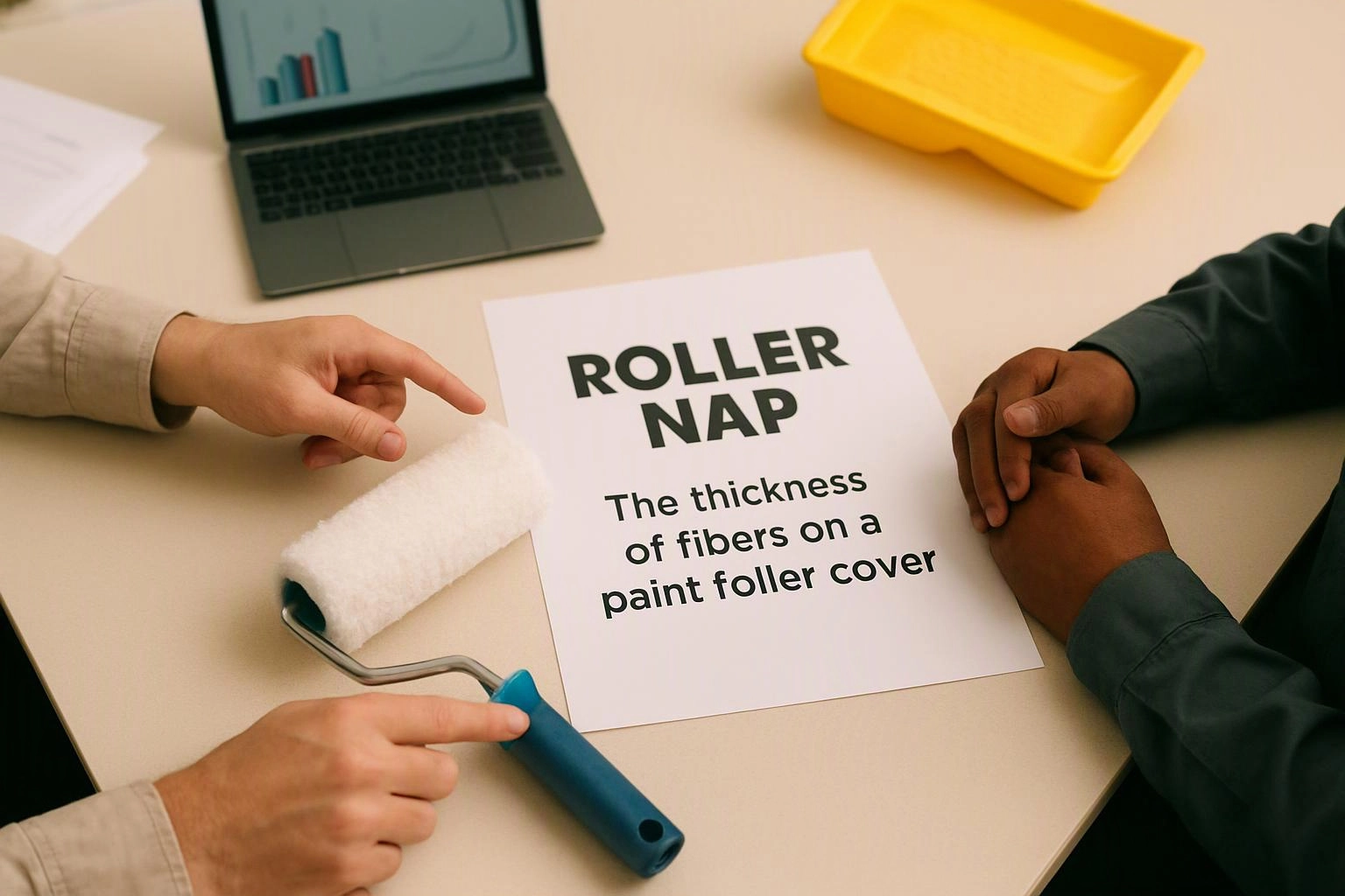 Two people point at a paint roller cover beside a sign reading “ROLLER NAP” on a tabletop