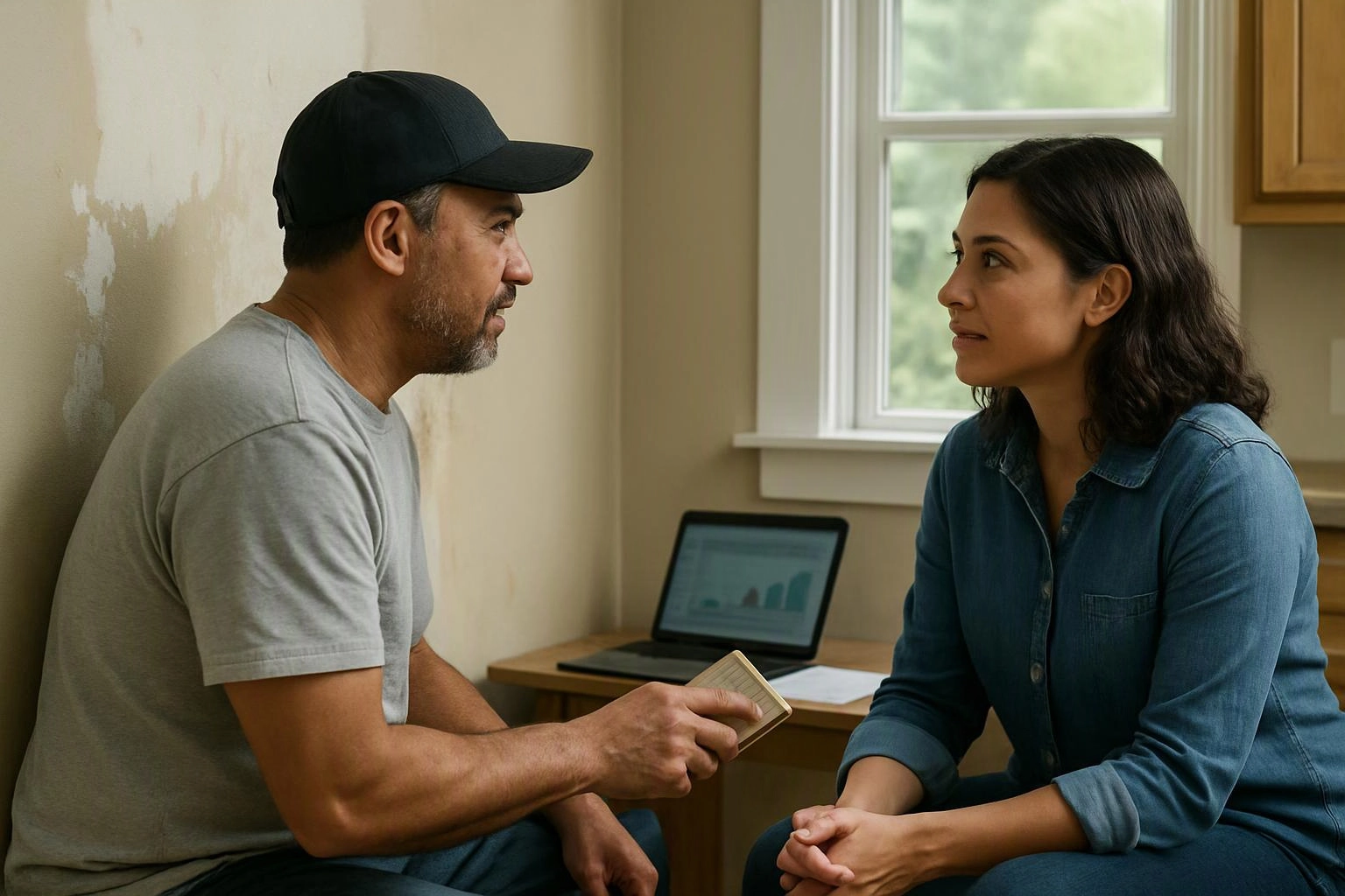 A man talks with a woman in a room, holding a small notebook beside a laptop and window
