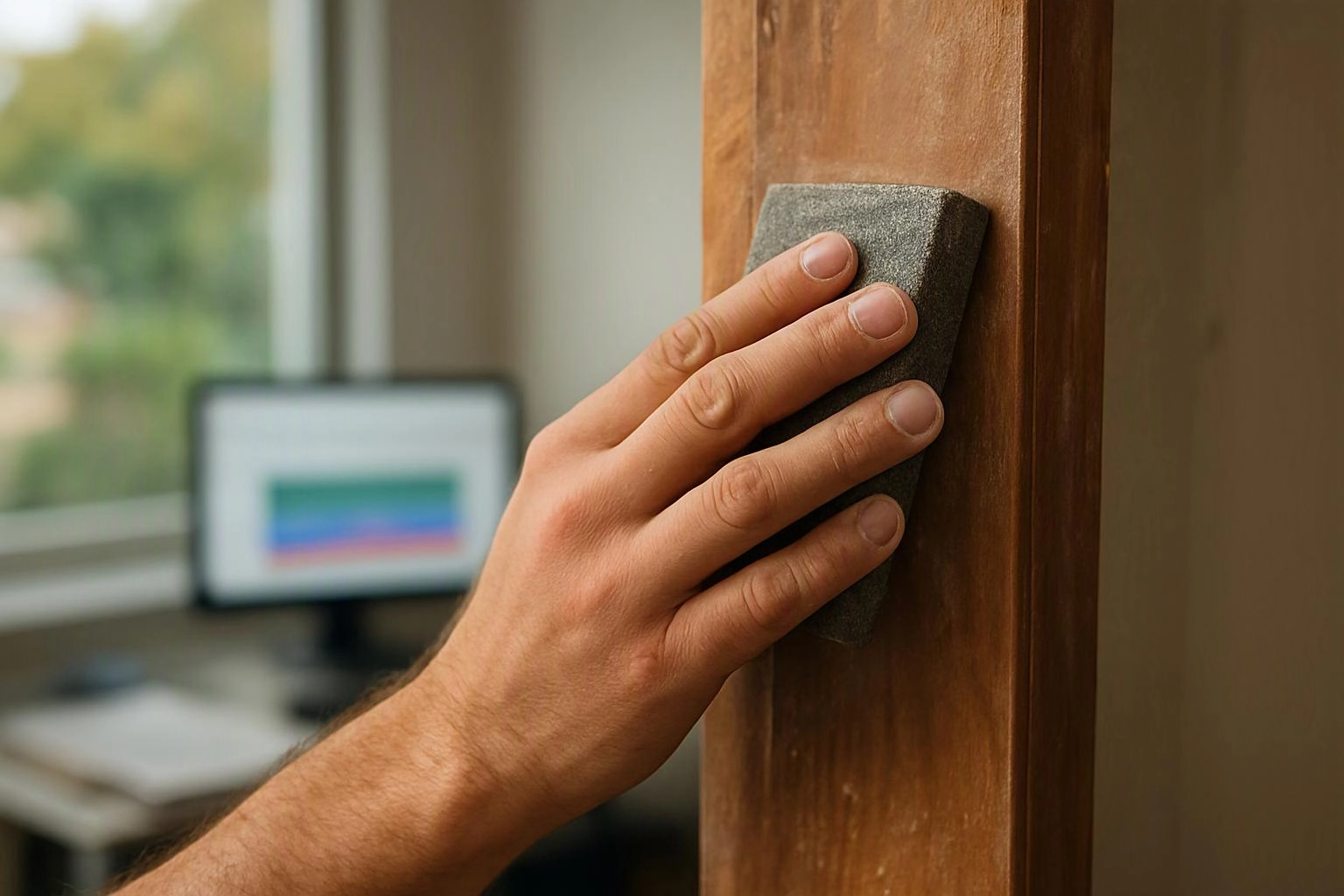 A hand sands a wooden post indoors, with a blurred computer monitor and window in the background
