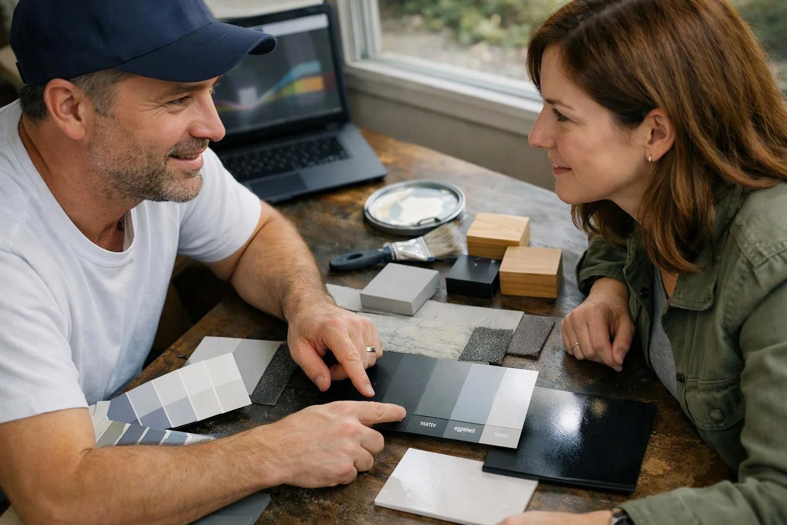 A man and woman lean over paint samples at a table beside an open laptop and window