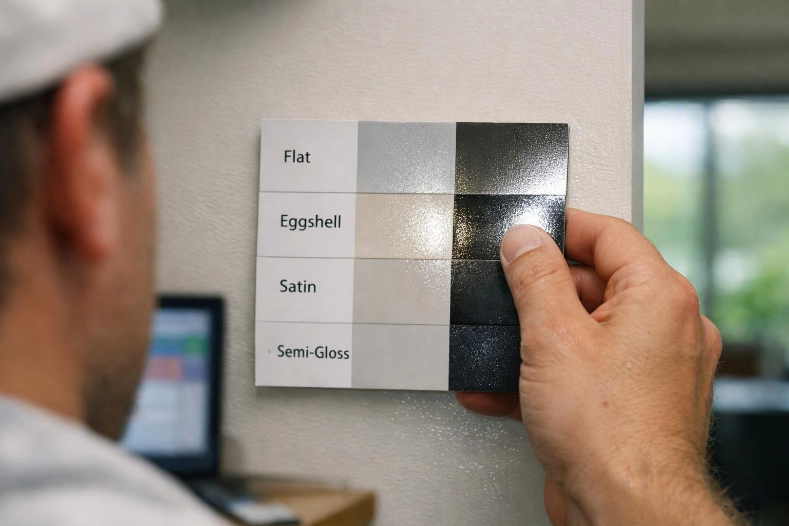 A person compares paint finish samples labeled Flat, Eggshell, Satin, and Semi-Gloss against a wall paint swatch