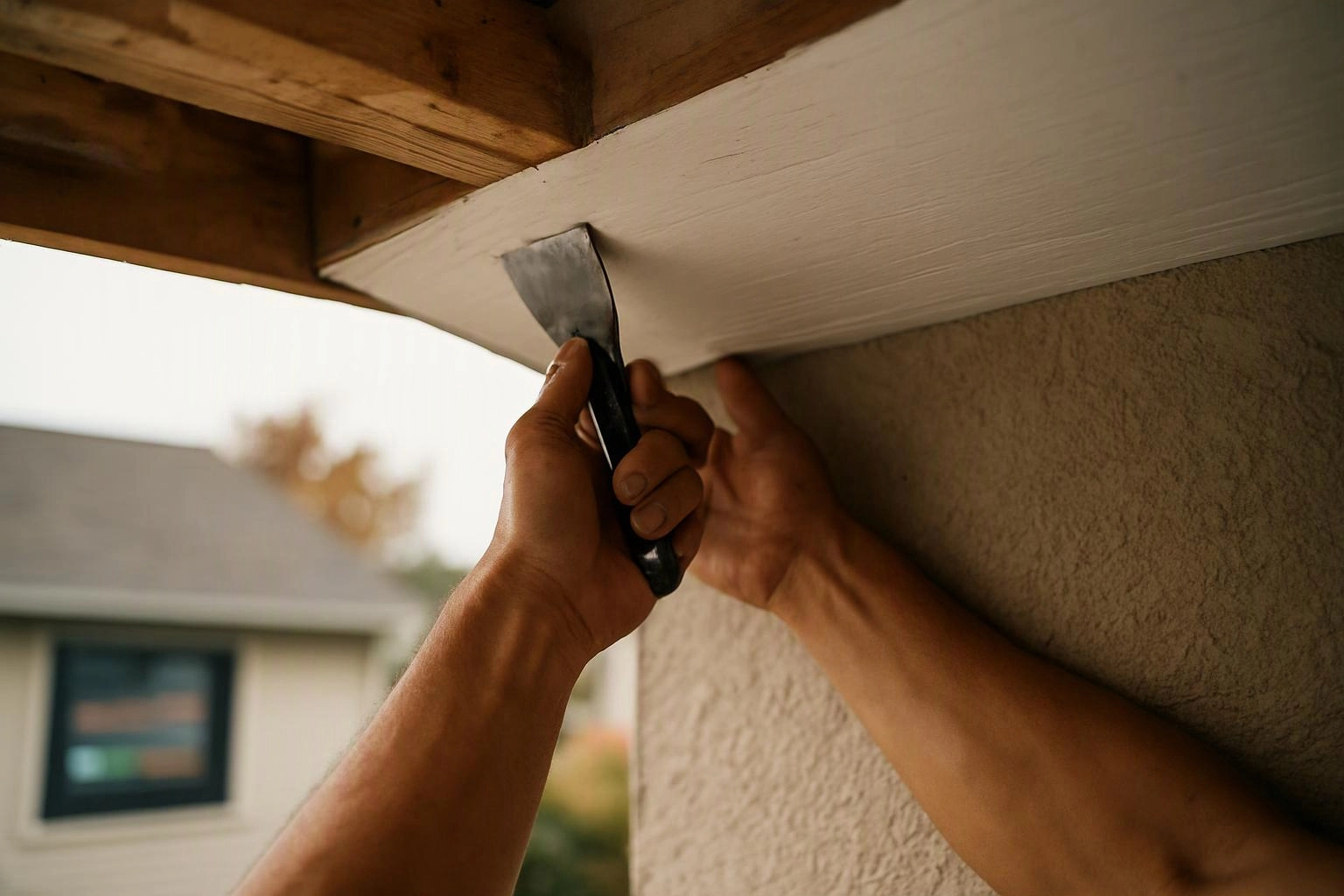 Hands use a putty knife to scrape or repair white trim under a wooden overhang