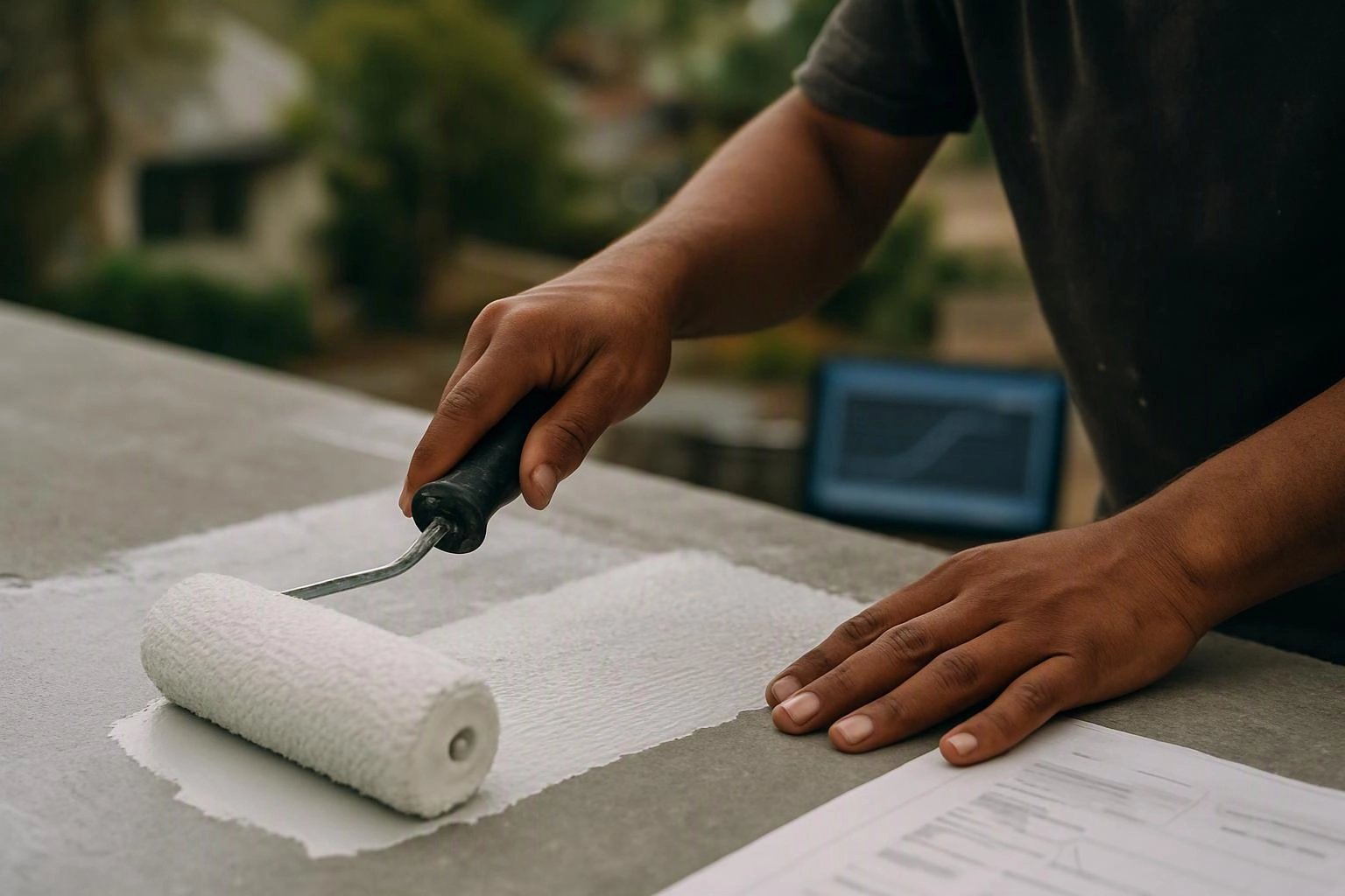 A person rolls white paint across a flat surface beside a paper plan outdoors