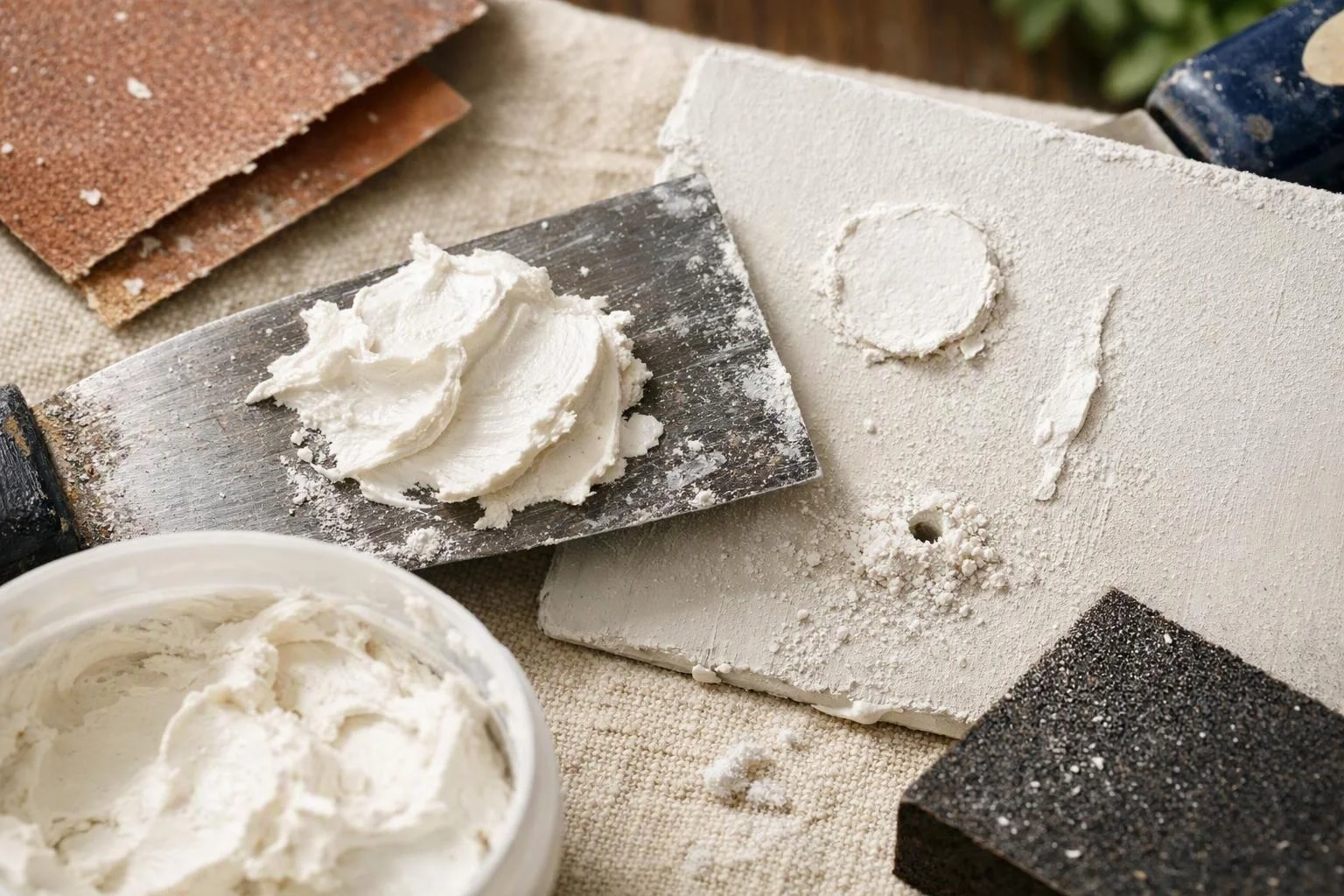 A putty knife spreads white filler beside sanding sheets and a container of plaster on a cloth surface