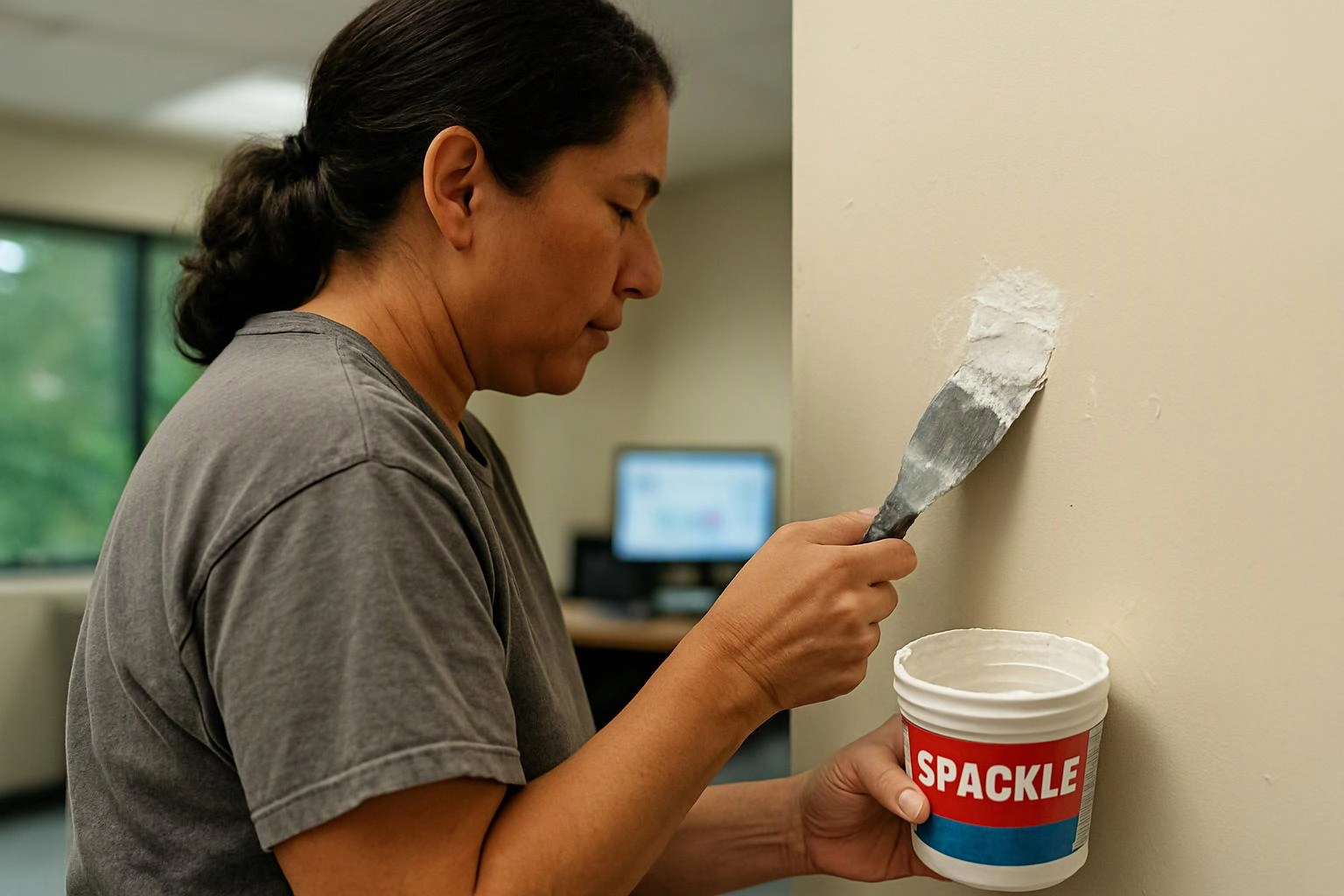 A woman applies white spackle to a wall with a putty knife inside a room