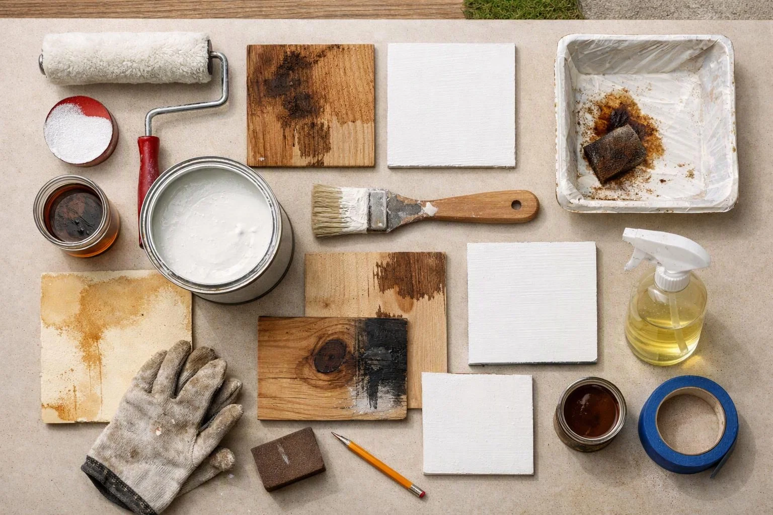 Flat lay of painting supplies, wood samples, gloves, brushes, tape, and paint cans on a work surface