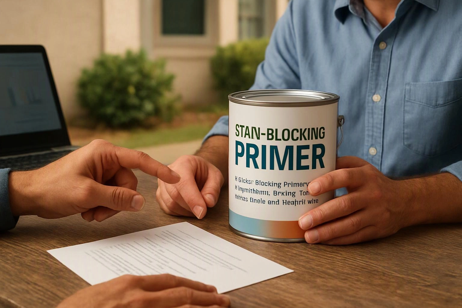 Two people point at a paint can labeled primer beside a paper sheet and laptop on a wooden table