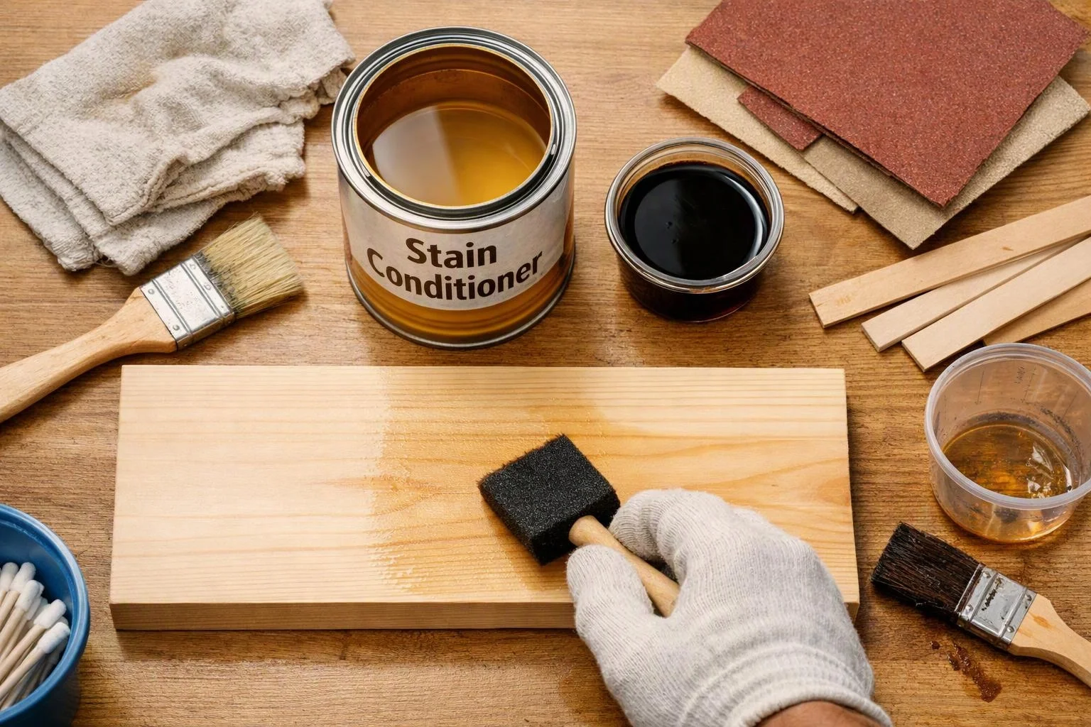 Gloved hands apply stain conditioner to a wooden board with a foam brush beside sandpaper, rags, and paint cans