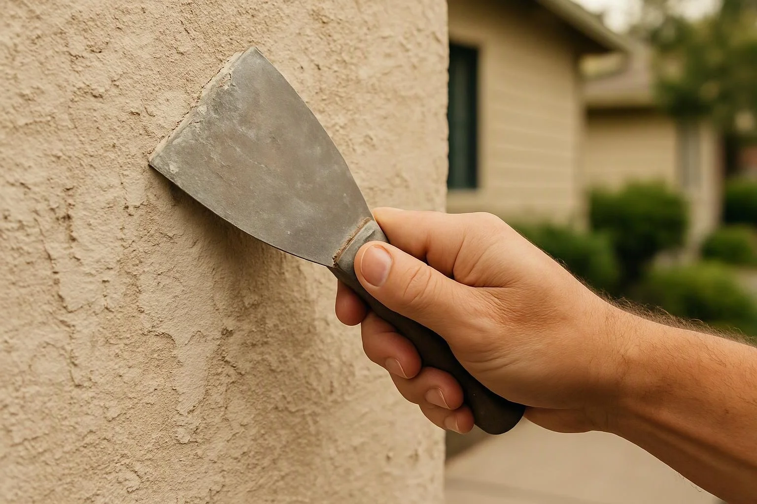 A hand holds a putty knife against a rough stucco wall outside a house